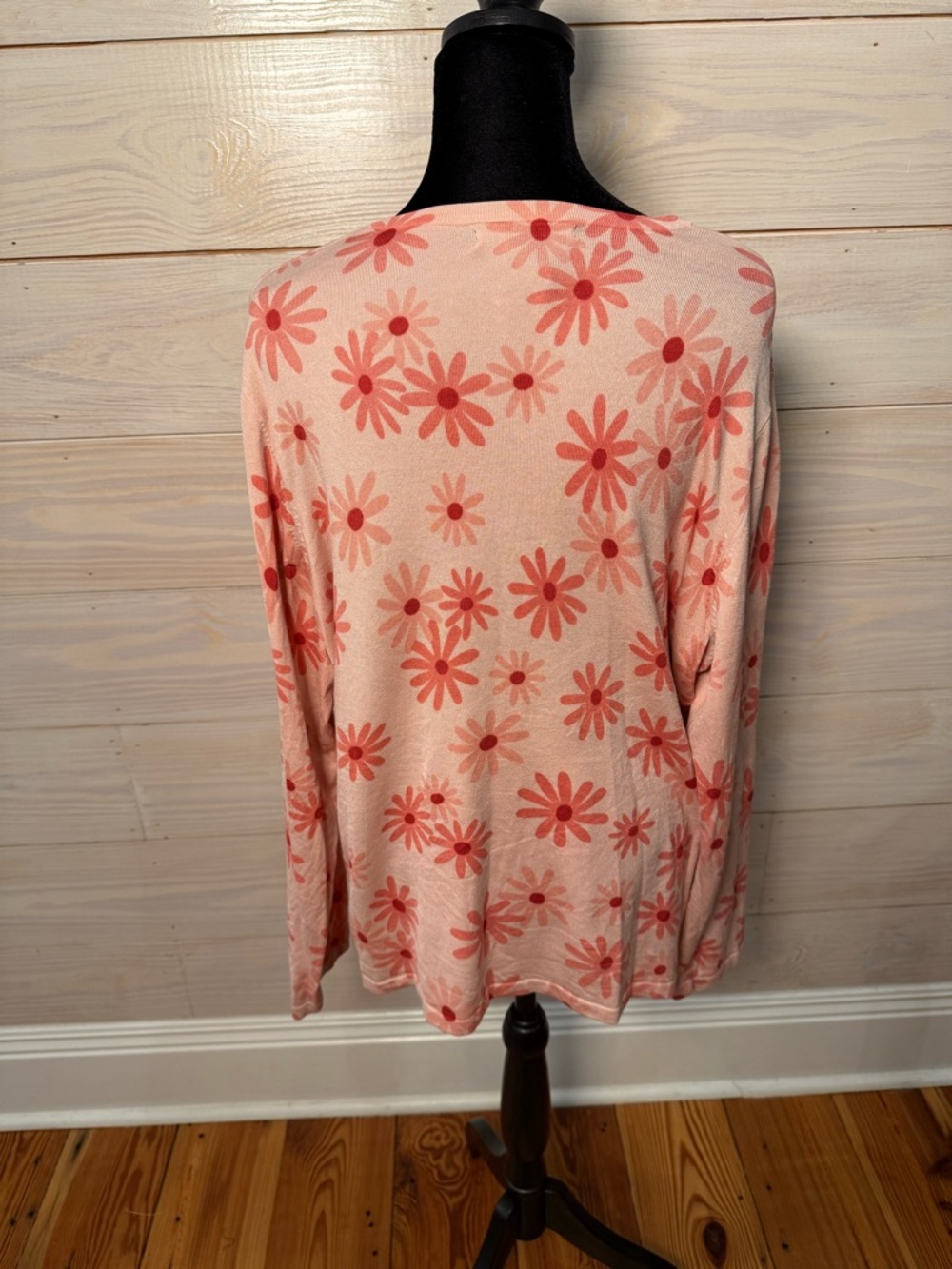 Floral Pink Button-Front Silk Cardigan Sweater 1X - Picture 3 of 7